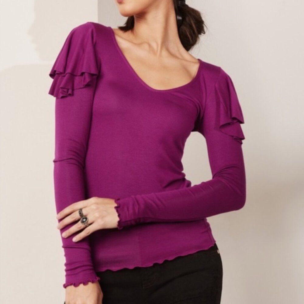 Free People Size S Small We The Free Rewind Ruffle Long Sleeve Top Berry Purple